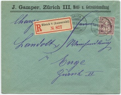 '15 Rp. (rotlila) auf rarem R-Ortsbrief von Zürich'